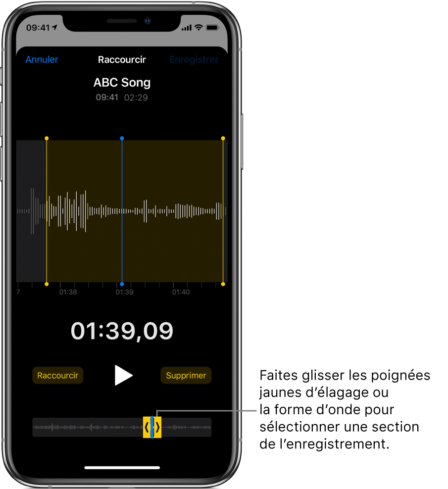 L’enregistrement en cours d’élagage, avec les poignées d’élagage encadrant une partie de la forme d’onde audio au bas de l’écran. Un bouton Lecture et la durée de l’enregistrement figurent au-dessus de la forme d’onde. Les poignées d’élagage apparaissent sous le bouton Lecture.