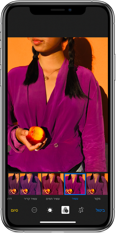 מסך ״מצלמה״ במצב ״מסנן״. מספר מסננים מוצגים כתמונות ממוזערות מתחת לתמונה. המסנן שנבחר מוקף בגבול ריבועי.