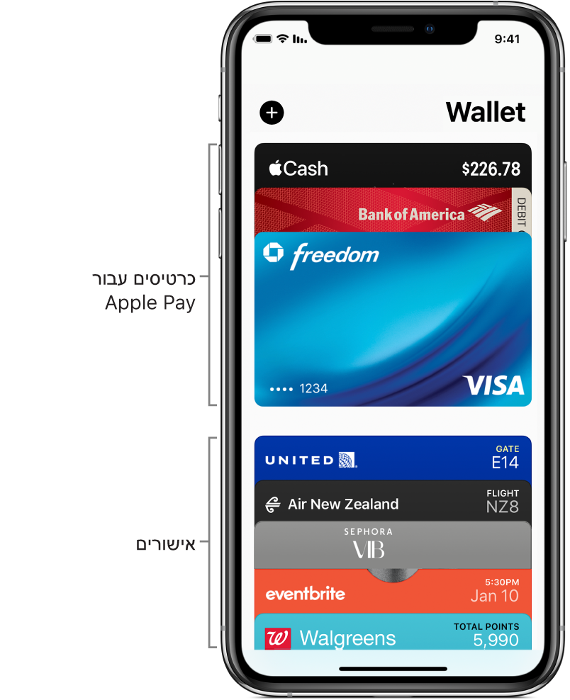 מסך Wallet, מציג את החלק העליון של כמה כרטיסי אשראי, כרטיסי חיוב ואישורים.