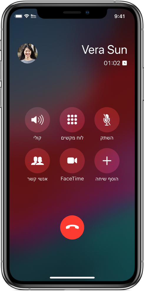 מסך ״טלפון״, מציג את הכפתורים עבור האפשרויות השונות בעת שיחה. בשורה העליונה, משמאל לימין, נמצאים הכפתורים ״השתק״, ״מקלדת״ ו״רמקול״. בשורה התחתונה, משמאל לימין, נמצאים הכפתורים ״הוסף שיחה״, FaceTime ו״אנשי קשר״.