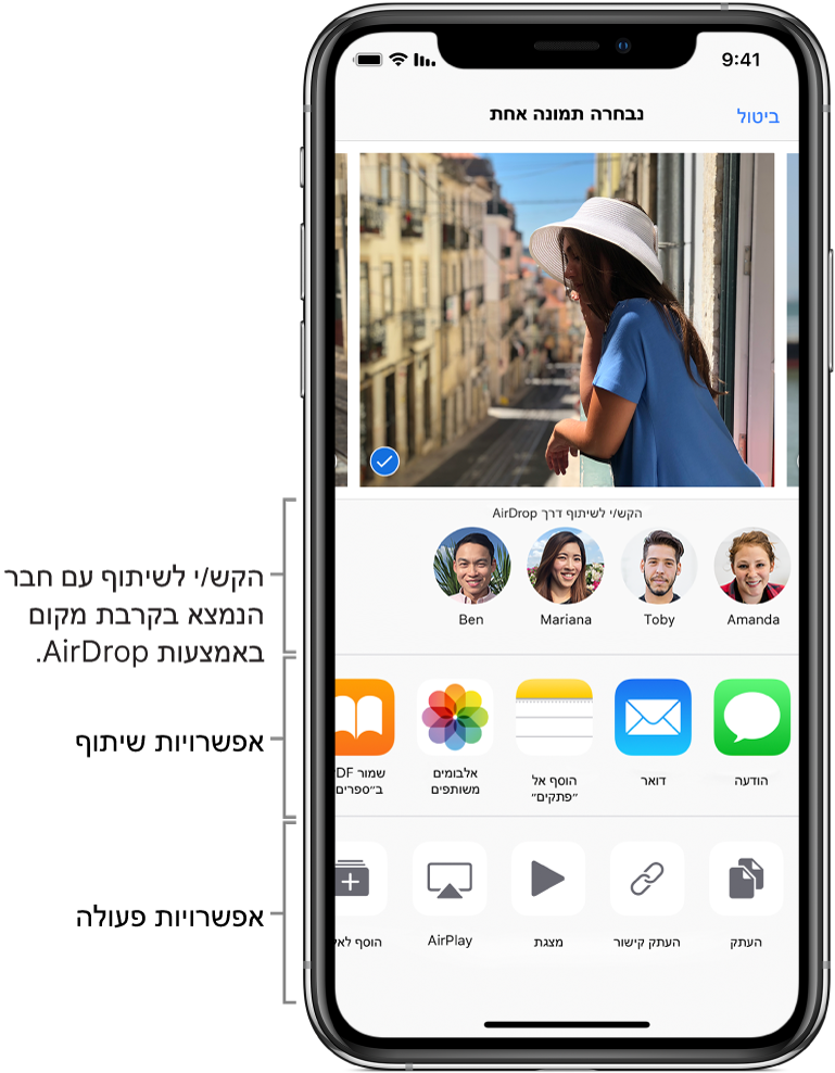 מסך השיתוף באמצעות AirDrop. בחלק העליון ישנן תמונות לבחירה ולשיתוף. מתחת, מוצגים אנשים שתוכל/י לשתף איתם באמצעות AirDrop. בשורה הבאה מוצגות אפשרויות שיתוף, כולל ״הודעות״, ״דואר״, ״אלבומים משותפים״ ועוד. השורה התחתונה מציגה פעולות נוספות, כולל ״העתק״, ״מצגת״ ו‑AirPlay.