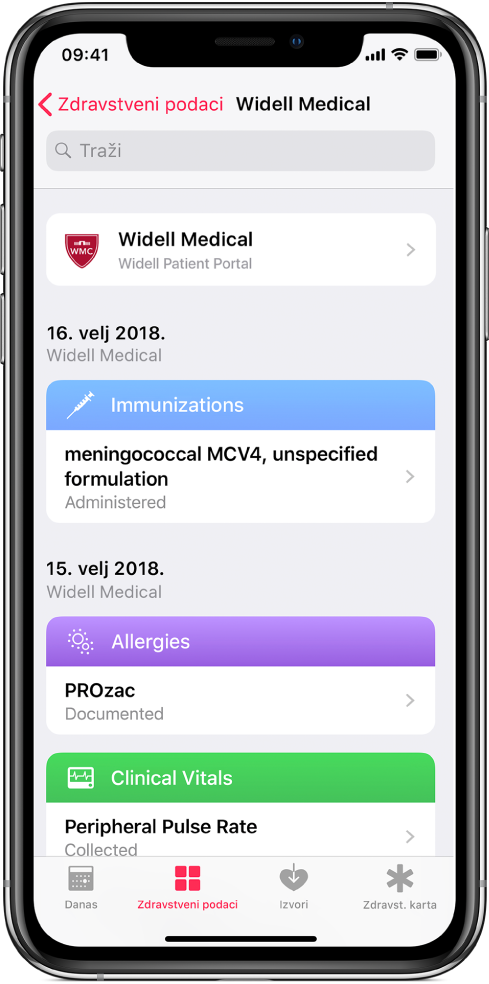 Slika zaslona zdravstvenih podataka koji su razvrstani kronološki, s najnovijim na vrhu. Na vrhu zaslona je kao izvor podataka identificiran Widell Medical, Widell Patient Portal. Najnoviji zapis je od 16. veljače 2018. za imunizaciju primljenu za meningokok MCV4, neodređena formulacija. Ispod zapisa imunizacije nalaze se dva zapisa iz 15. veljače 2018., jedan za alergiju na PROzac i drugi koji označava da je snimljena brzina perifernog pulsa.