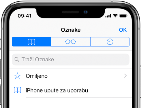 Zaslon Knjižne oznake, s opcijama za prikaz omiljenih stranica i povijesti pregledavanja, zajedno s knjižnim oznakama.