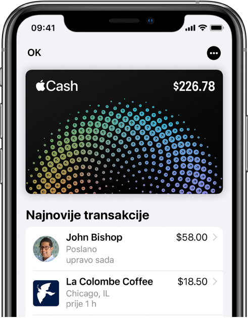 Kartica Apple Cash u Walletu, s prikazanom tipkom Više gore desno i najnovijim transakcijama ispod kartice.
