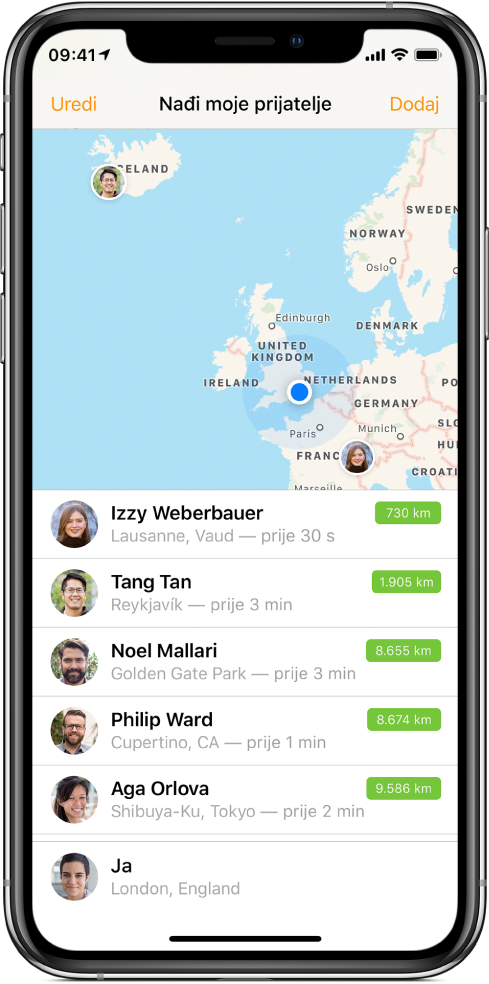 Zaslon aplikacije Nađi moje prijatelje s kartom na vrhu koja prikazuje lokacije prijatelja i popisom imena prijatelja, njihovih lokacija i udaljenost od vas na dnu.