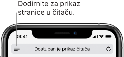 Polje za adresu u pregledniku Safari, s tipkom Čitač na lijevoj strani.