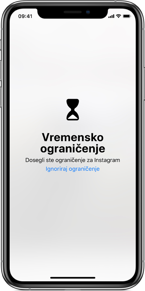 Zaslon koji prikazuje upozorenje Vremenskog ograničenja da je danas na Instagramu proveden jedan sat. Ispod upozorenja nalazi se tipka Ignoriraj ograničenje.