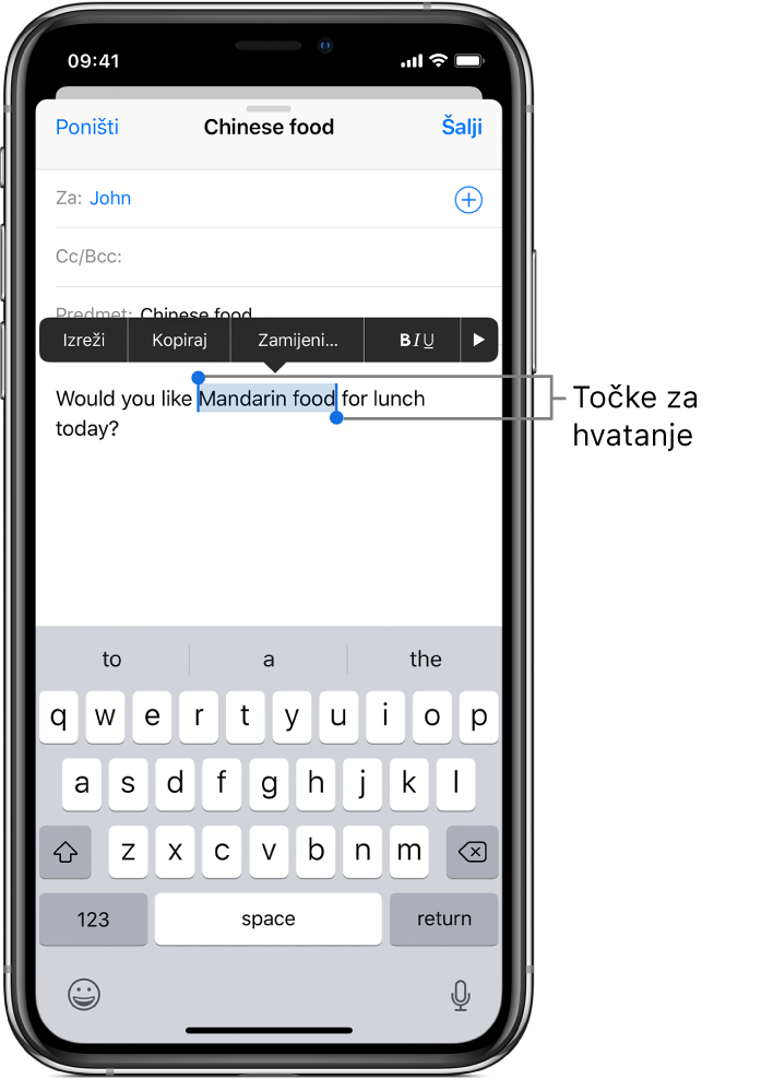 Primjer e-mail poruke s označenim dijelom teksta. Iznad odabranog dijela nalaze se tipke za izrezivanje, kopiranje, lijepljenje, podebljanje/kurziv/podcrtavanje i tipka Pokaži više. Označeni je tekst obojen i na svakom kraju nalaze se točke za prilagođavanje.