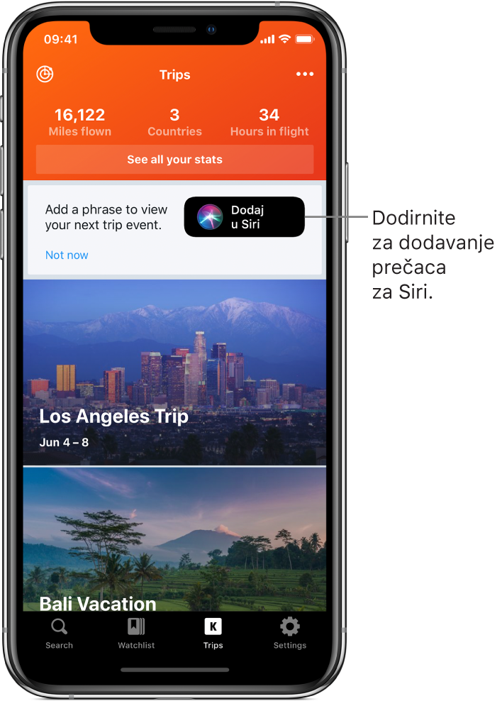Zaslon aplikacije koja prikazuje nadolazeća putovanja. Tipka Dodaj u Siri prikazuje se s dese strane blizu vrha zaslona.