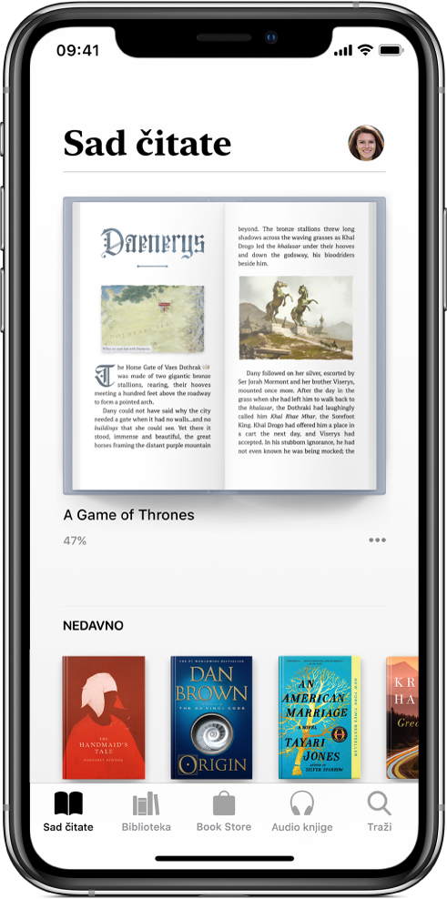 Zaslon Trenutačno čitano odabran je u aplikaciji Knjige. Pri dnu zaslona, s lijeva na desno nalaze se kartice Trenutačno čitano, Medijateka, Book Store, Audio knjige i Traži.