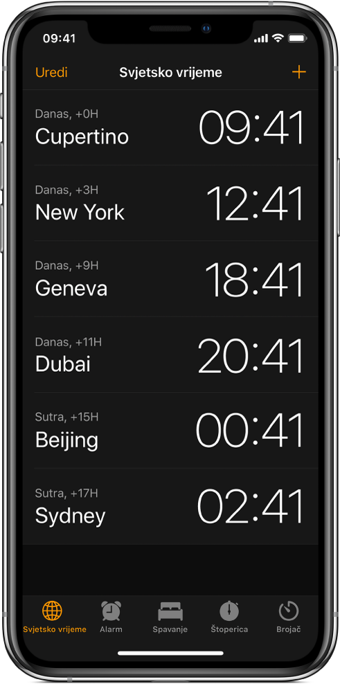 Kartica Svjetsko vrijeme, koje prikazuje vrijeme u raznim gradovima. Dodirnite Uredi u gornjem lijevom kutu za raspoređivanje satova. Dodirnite tipku Dodaj u gornjem desnom kutu za dodavanje više satova. Tipke Alarm, Spavanje, Štoperica i Brojač nalaze se uz dno.