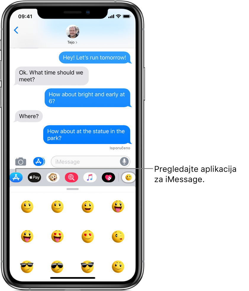 Razgovor u Porukama s označenom tipkom Preglednik aplikacije iMessage. Otvorena ladica aplikacije prikazuje naljepnice s nasmiješenim licima.