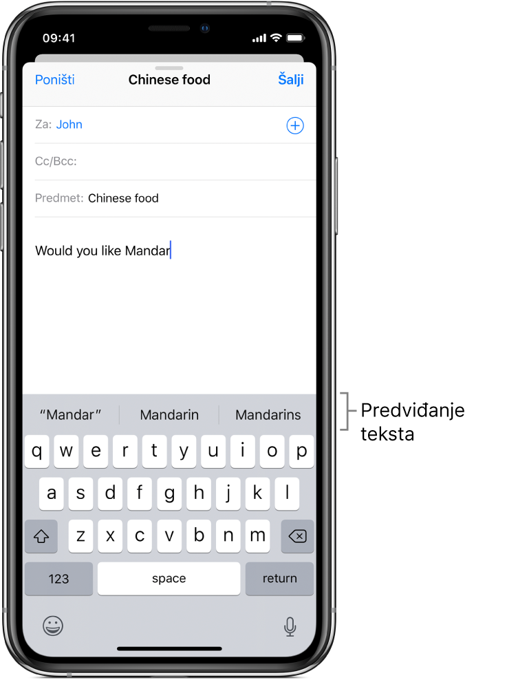 Poruka aplikacije Mail s prvih par riječi nove poruke, s prijedlozima za dovršavanje sljedeće riječi.