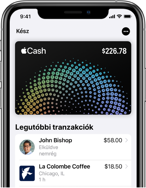 Az Apple Cash-kártya a Walletban, ahol a jobb felső részen a Továbbiak gomb jelenik meg, a kártya alatt pedig a legutóbbi tranzakciók láthatók.