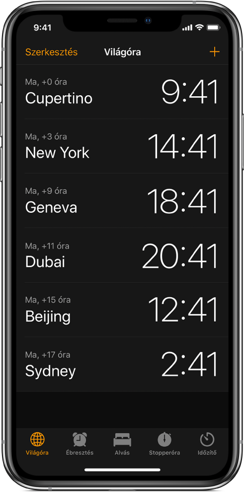 A Világóra lap, amely azt mutatja, mennyi az idő a világ egyes nagyvárosaiban. Az órák elrendezéséhez koppintson a bal felső sarokban lévő Szerkesztés lehetőségre. Továbbiak felvételéhez koppintson a jobb felső sarokban lévő Hozzáadás gombra. Az Ébresztés, Altatás, Stopperóra és Időzítő gombok alul helyezkednek el.