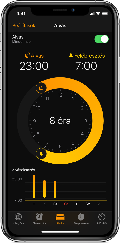 Az Alvás gomb kijelölve látható az Óra alkalmazásban, amely azt mutatja, hogy az alvásidő este 11 órakor kezdődik, az ébresztési idő pedig reggel 7 órára van beállítva.