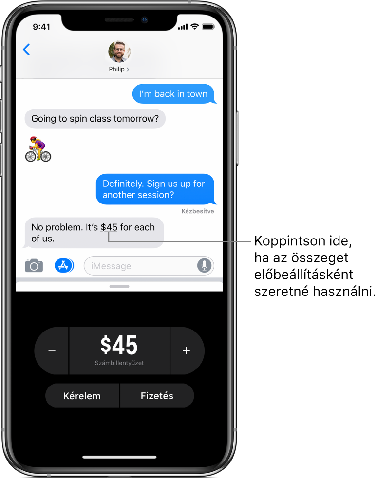 Egy iMessage-beszélgetés, alul a megnyitott Apple Pay alkalmazással.