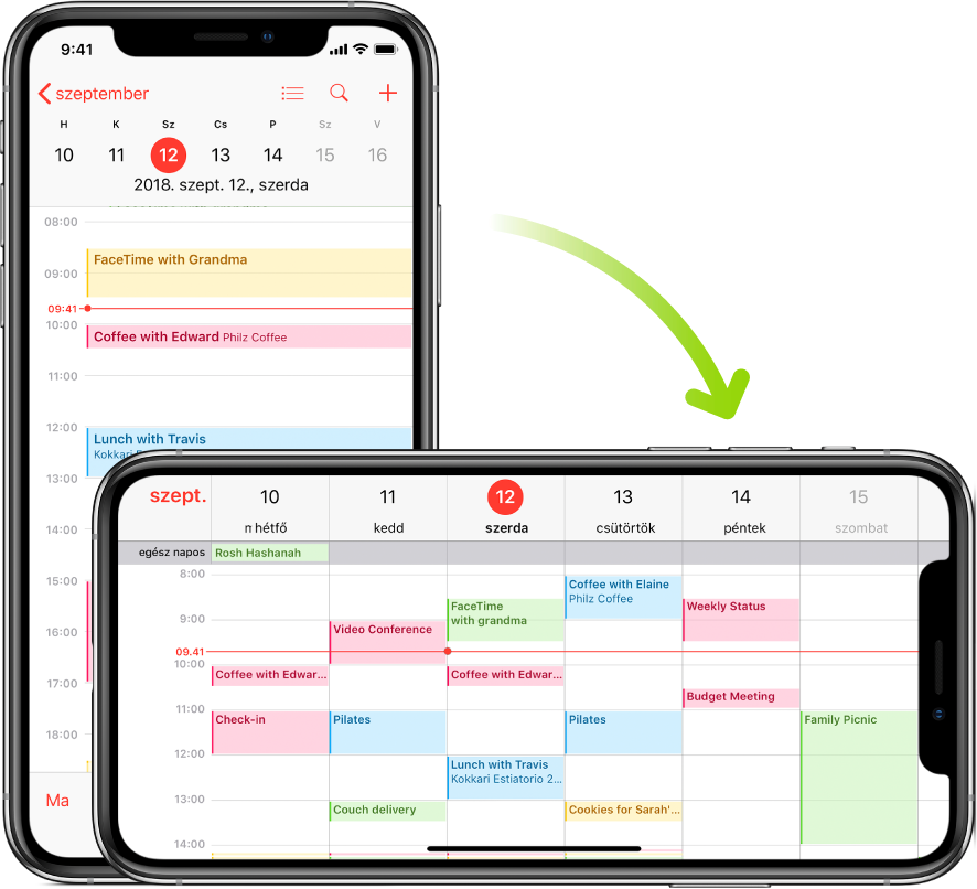A háttérben az iPhone megjelenít egy naptárképernyőt, amelyen egy adott nap eseményei láthatók függőleges tájolásban. Az előtérben az iPhone vízszintes tájolásba van elforgatva, és egy teljes hét naptáreseményei láthatók rajta, amelyek között az adott nap is szerepel.