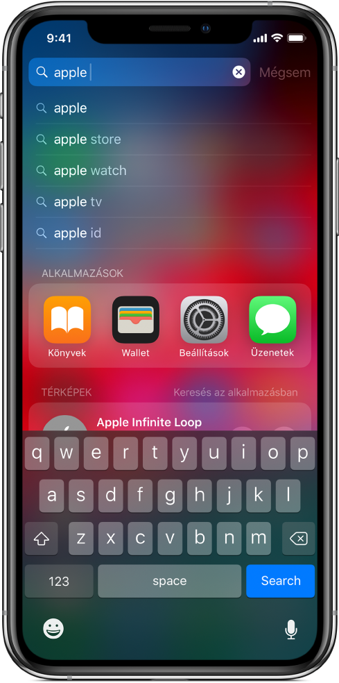 A tartalom keresésére használható képernyő az iPhone-on. A képernyő tetején a keresőmező látható az „apple” kifejezéssel, alatta pedig a keresett szövegnek megfelelő találatok.