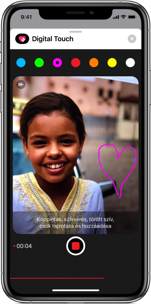 A rajzvászon a Digital Touch firkaeszközökkel egy videó rögzítése közben. A színválasztó a képernyő tetején található. A Videó felvétele gomb lent található.