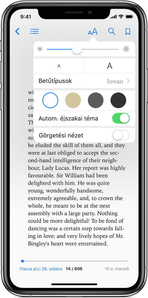 A megjelenés menü, amelyben fentről lefelé a fényerő, a betűméret, a betűtípus, az oldalszín, az automatikus éjszakai téma és a görgetési nézet beállítására szolgáló vezérlőelemek láthatók.