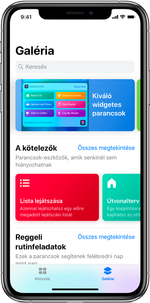 A Galéria lap a Parancsok alkalmazásban javaslatokkal.