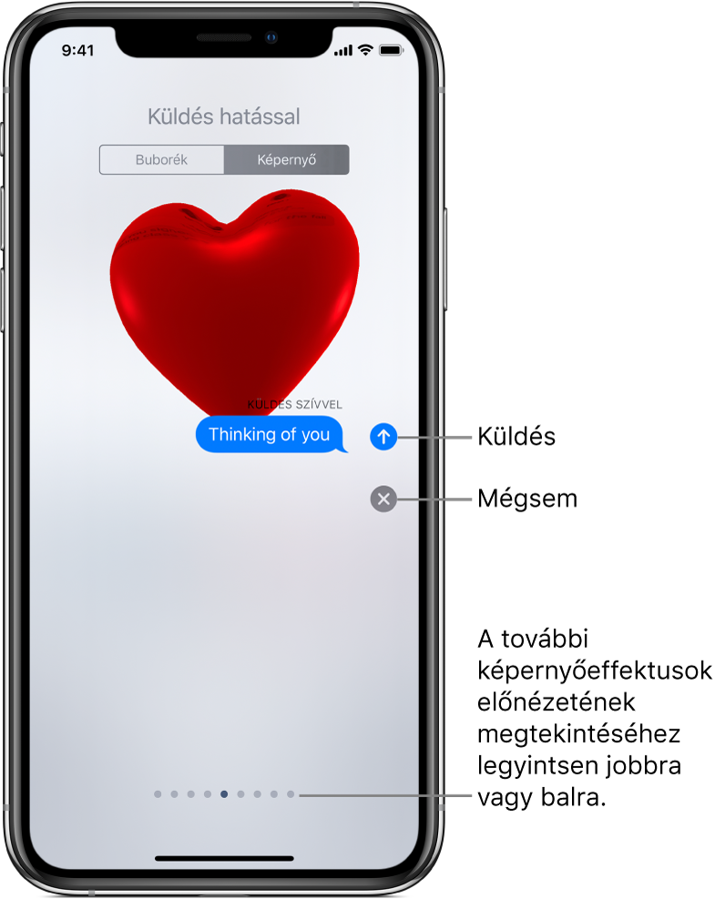 Egy üzenet előnézete piros szívet megjelenítő teljes képernyős effektussal.
