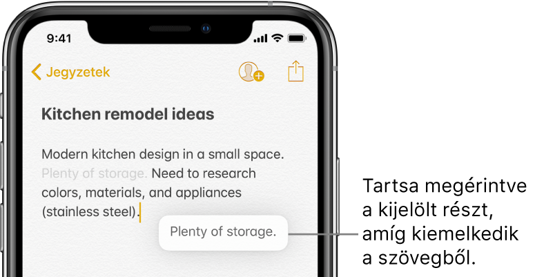 A kijelölt kifejezés kiemelkedik a többi közül, mivel a felhasználó hozzáért, és rajta tartotta az ujját.