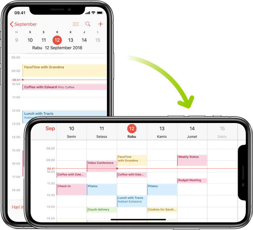 Di latar belakang, iPhone menampilkan layar Kalender, yang menampilkan acara untuk satu hari di orientasi potret; di latar depan, iPhone diputar ke orientasi lanskap, yang menampilkan acara Kalender untuk satu minggu yang berisi hari yang sama.