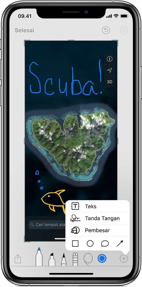 Gambar peta dianotasikan dalam tulisan tangan berwarna biru dan kuning. Alat gambar dan pemilih warna muncul di bagian bawah layar. Menu dengan pilihan untuk menambahkan teks, tanda tangan, kaca pembesar, dan bentuk muncul di pojok kanan bawah.