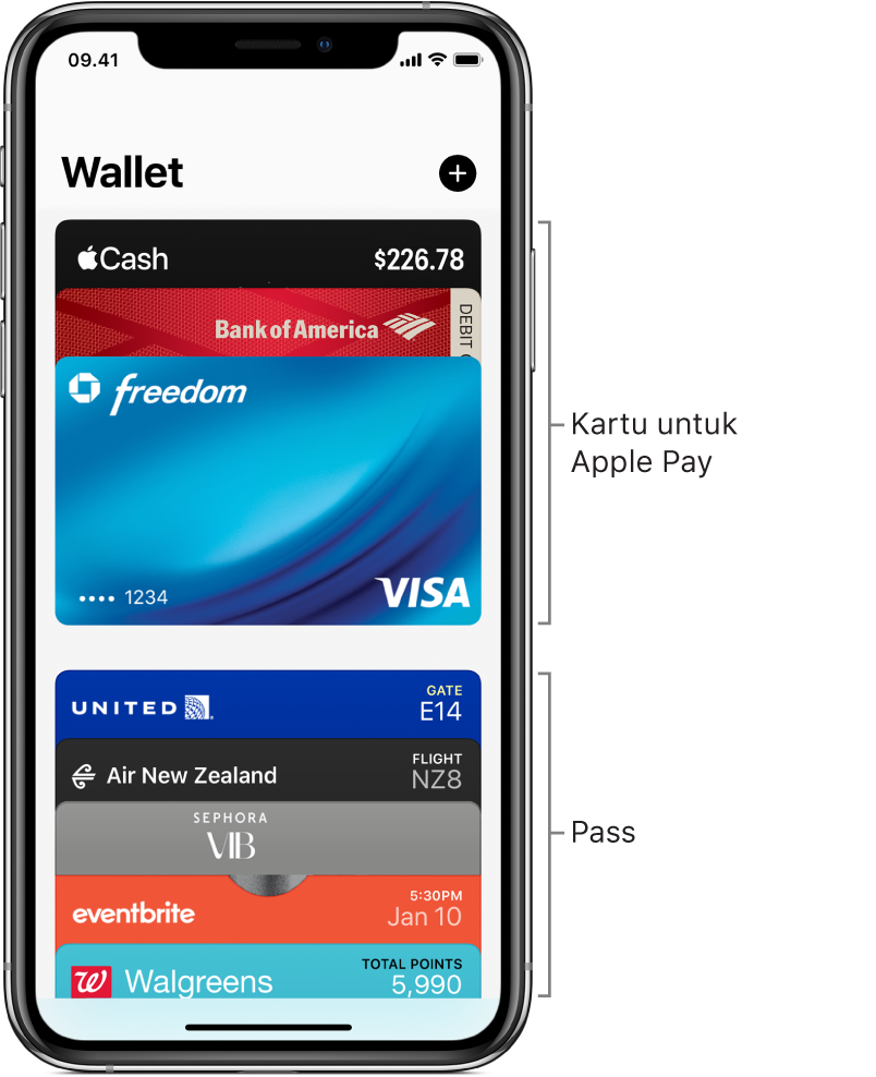 Layar Wallet, menampilkan beberapa kartu kredit dan debit, serta pass.