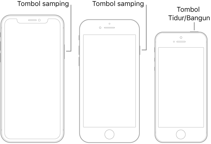 Ilustrasi menampilkan lokasi tombol samping dan Tidur/Bangun di iPhone.