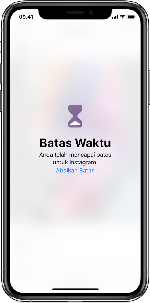 Layar menampilkan peringatan Batas Waktu bahwa satu jam telah dihabiskan di Instagram hari ini. Di bawah peringatan terdapat tombol Abaikan Batas.