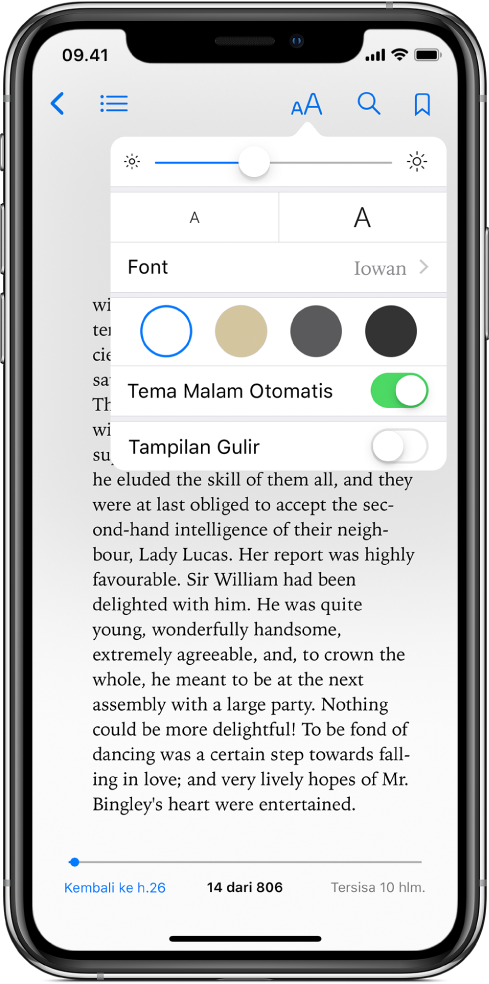 Menu tampilan menampilkan kontrol untuk, dari atas ke bawah, kecerahan, ukuran font, font, warna halaman, tema malam otomatis, dan tampilan gulir.