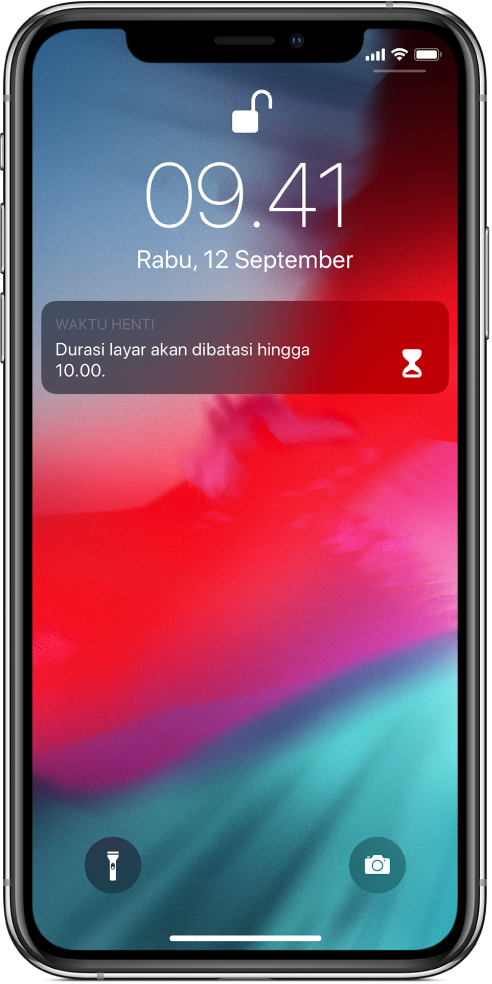 Layar Terkunci iPhone menampilkan pemberitahuan Waktu Henti bahwa Durasi Layar dibatasi hingga pukul 10.00.