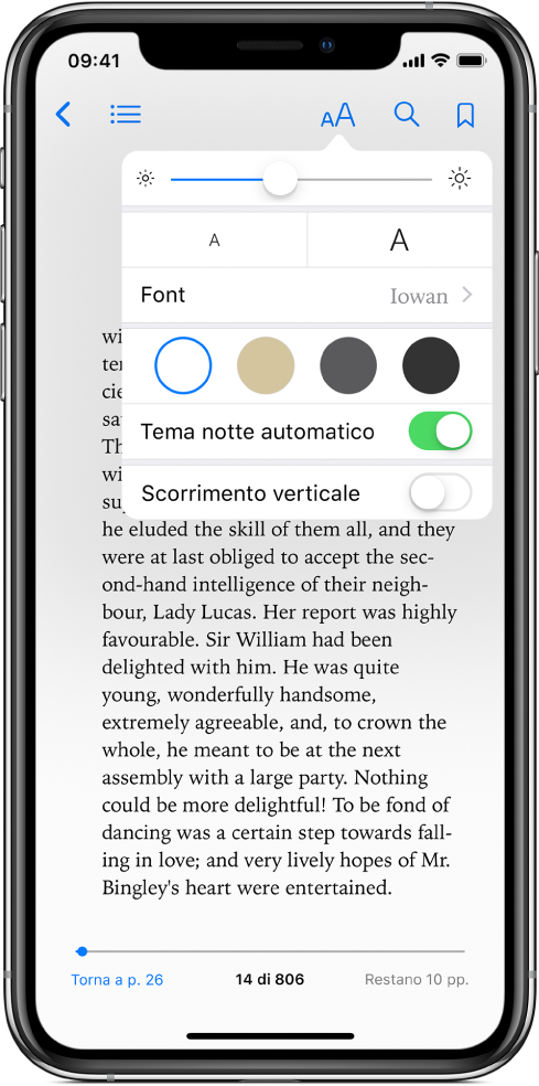 Il menu Aspetto che contiene, dall'alto verso il basso, i controlli per luminosità, per determinare la dimensione del font, il colore pagine, il tema notte automatico e quelli per la visualizzazione a scorrimento.