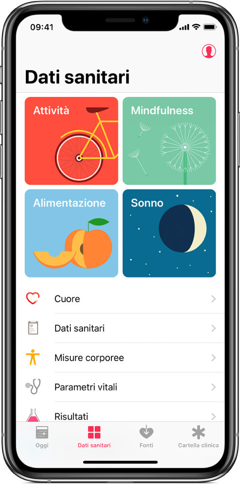 La schermata “Dati sanitari” dell'app Salute con le sezioni Attività, Mindfulness, Alimentazione e Sonno. Il pulsante del profilo è in alto a destra. Nella parte inferiore, da sinistra a destra, sono visualizzati i pannelli Oggi, “Dati sanitari”, Fonti e “Cartella clinica”.