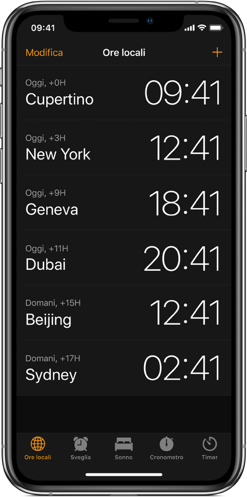Il pannello “Ore Locali” che mostra l'ora in diverse città. In alto a sinistra, tocca Modifica per organizzare gli orologi. Per aggiungerne altri, tocca il pulsante Aggiungi in alto a destra. I pulsanti Sveglia, Sonno, Cronometro e Timer si trovano nella parte inferiore dello schermo.