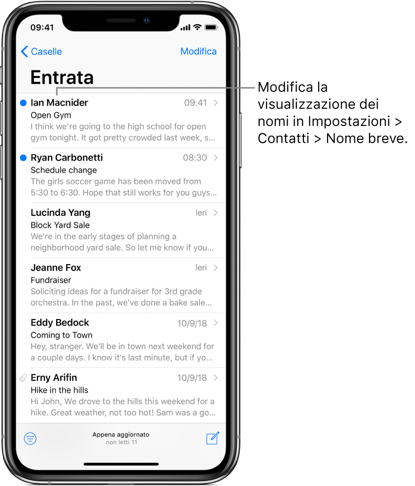 L’anteprima di un’e-mail nella casella Entrata in cui vengono mostrati il nome del mittente, l’orario di invio, l’oggetto e le prime due righe del messaggio. Per modificare la modalità di visualizzazione dei nomi, vai in Impostazioni > Contatti > Nome breve.