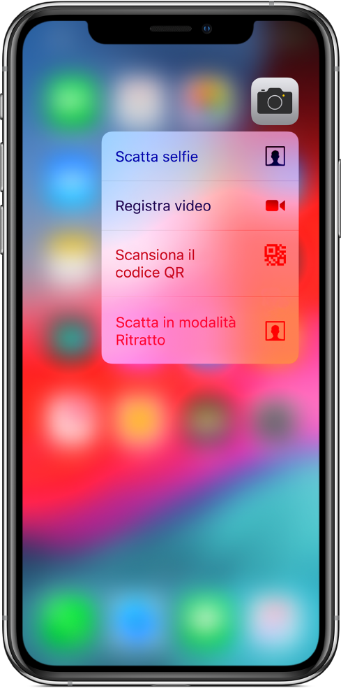 La schermata Home sfocata, con il menu delle azioni rapide della fotocamera visualizzato sotto l'icona della fotocamera.