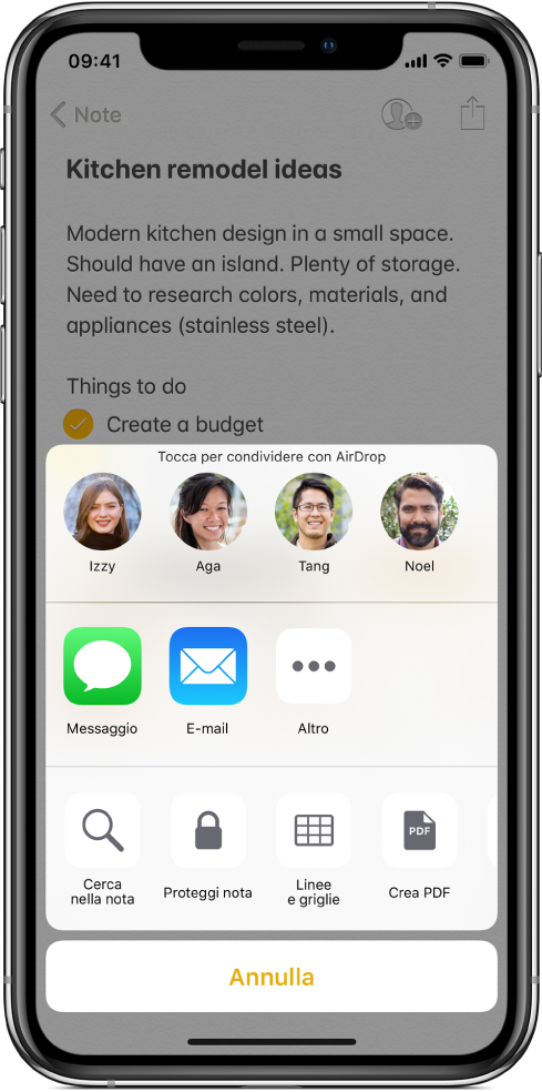 La schermata di condivisione con le opzioni per condividere una nota con AirDrop o mediante Messaggi o Mail.