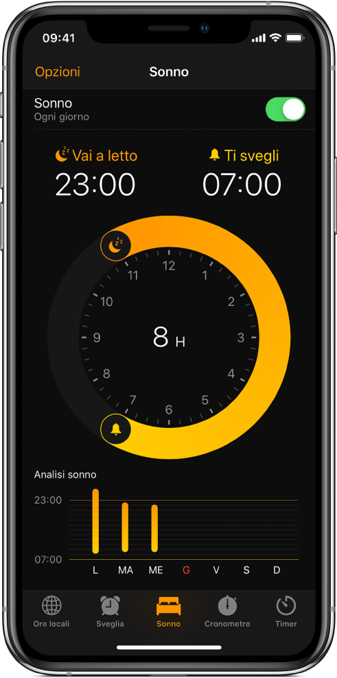 Il pannello Sonno, che mostra l'orario di sonno alle 11 di sera e l'orario di sveglia impostato alle 7 del mattino.