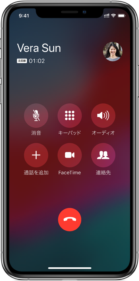 「電話」画面。通話中に使用するオプションの各ボタンが表示されています。上部には左から順に、「消音」、「キーパッド」、「スピーカー」ボタンがあります。下部には左から順に、「通話を追加」、「FaceTime」、「連絡先」ボタンがあります。