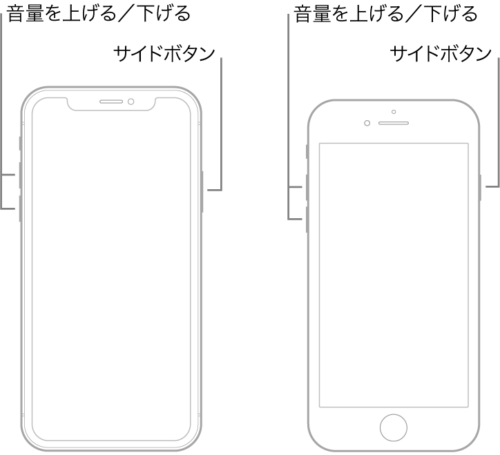 2種類のiPhoneモデルの図。画面は上を向いています。左のモデルにはホームボタンがありません。右のモデルには、下部付近にホームボタンがあります。両方のモデルで、左側に音量を上げる/音量を下げるボタン、右側にサイドボタンが表示されています。