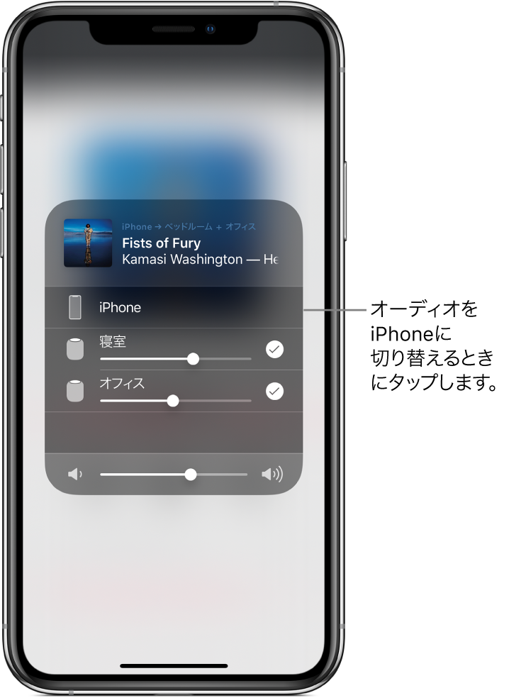 AirPlayウインドウが開いていて、上部に曲名とアーティスト名、下部に音量スライダが表示されています。寝室とオフィスのスピーカーが選択されています。iPhoneが示され、「オーディオをiPhoneに切り替えるときにタップします。」と表示されています。