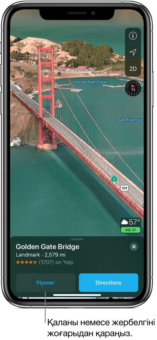 Golden Gate Bridge бөлігінің суреті. Экранның төменгі жағында банер Flyover түймесін Directions түймесінің сол жағында көрсетеді.