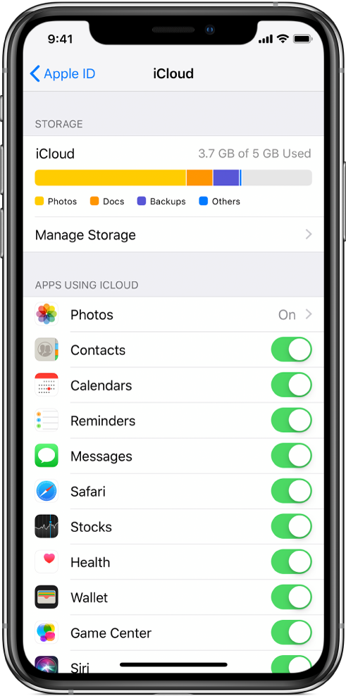iCloud Storage өлшегішін және iCloud қызметімен пайдалануға болатын Mail, Contacts және Messages қолданбаларын қоса қолданбалар мен мүмкіндіктердің тізімін көрсетіп тұрған iCloud settings экраны.
