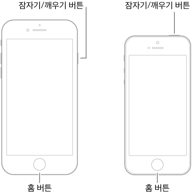 화면이 위로 향하는 두 iPhone 모델 그림. 두 모델 모두 기기 하단에 홈 버튼이 있음. 왼쪽 모델은 잠자기/깨우기 버튼이 오른쪽 측면의 상단 가장자리에 있고 오른쪽 모델은 잠자기 깨우기 버튼이 기기 상단의 오른쪽 가장자리에 있음.