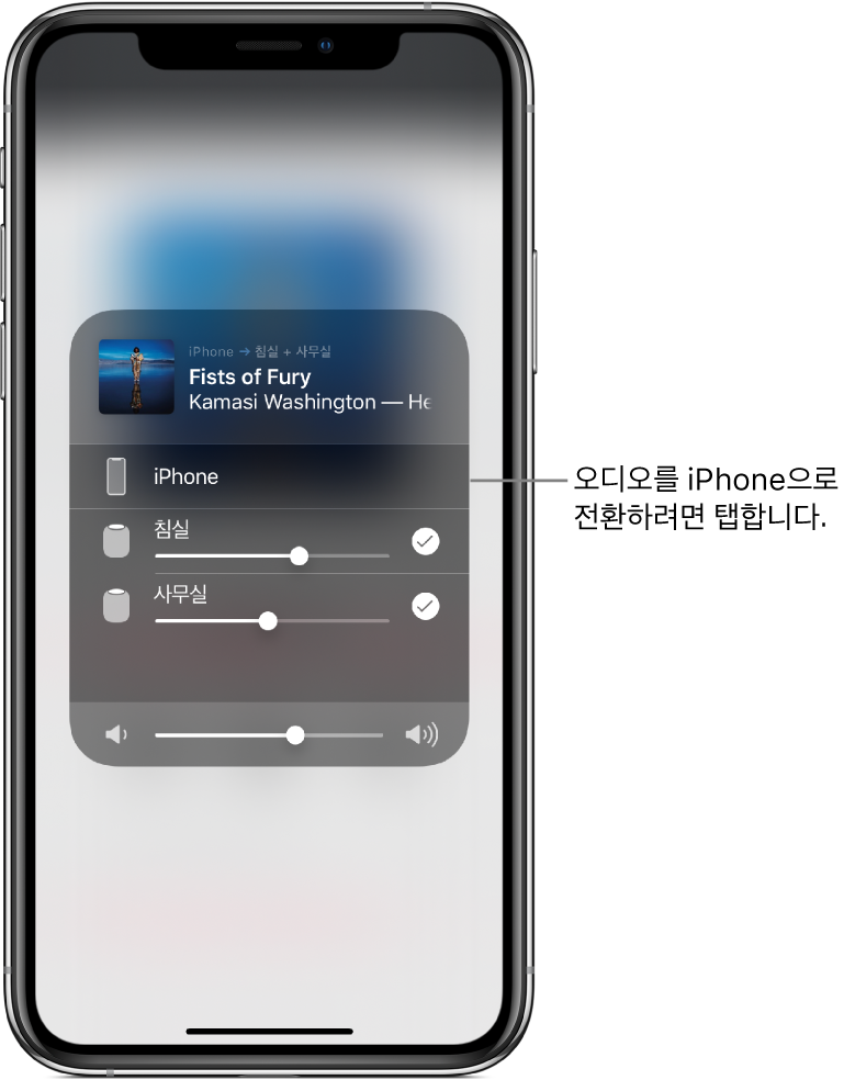 상단에 노래 제목 및 아티스트 이름이 나타나고 하단에 음량 슬라이더가 나타나는 열린 AirPlay 윈도우. 안방 및 사무실 스피커가 선택됨. iPhone에 달려있는 ‘오디오를 iPhone으로 전환을 탭하십시오.’ 콜아웃.