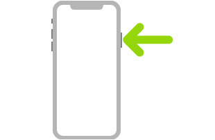 오른쪽 상단에서 측면 버튼을 화살표로 가리키는 iPhone 그림.